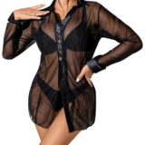 Sheer Mesh Black Button-Up Shirt SL-034