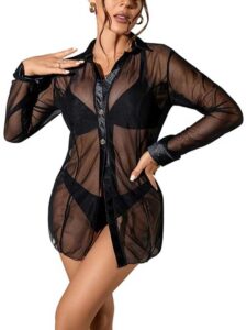Sheer Mesh Black Button-Up Shirt SL-034
