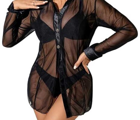 Sheer Mesh Black Button-Up Shirt SL-034