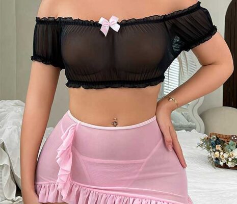 Off-Shoulder Mesh Crop Top & Ruffle Mini Skirt SL-021