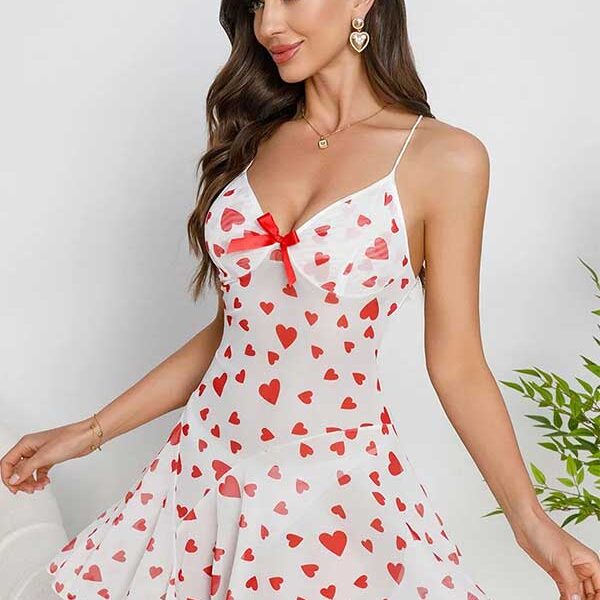 Sheer Heart Print Babydoll Nightwear Dress SL-025