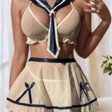 Sheer Mesh Bra Top with Flared Mini Skirt & Neck Tie SL-030