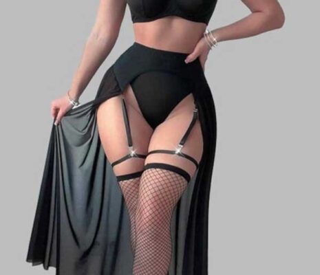 Mesh Lingerie with Garter Straps, Stockings & Flowing Skirt SL-031