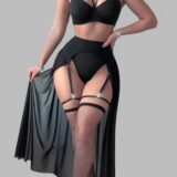 Mesh Lingerie with Garter Straps, Stockings & Flowing Skirt