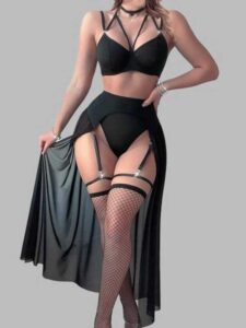 Mesh Lingerie with Garter Straps, Stockings & Flowing Skirt