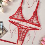 Red Strappy Halter Bra with G-String and Garter SL-017