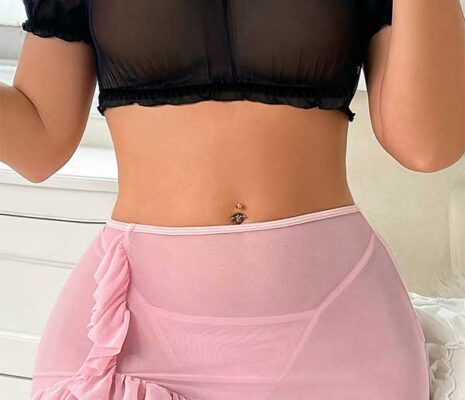 Off-Shoulder Mesh Crop Top & Ruffle Mini Skirt SL-021