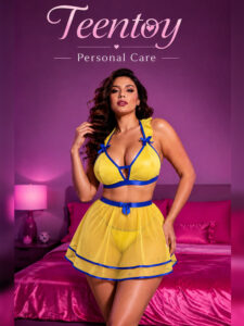 Yellow & Blue Mesh with Layered Sheer Skirt Lingerie Set
