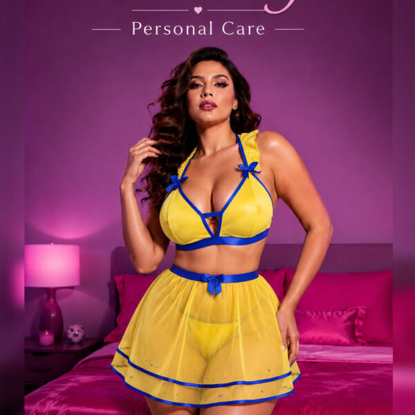 Yellow & Blue Mesh with Layered Sheer Skirt Lingerie Set
