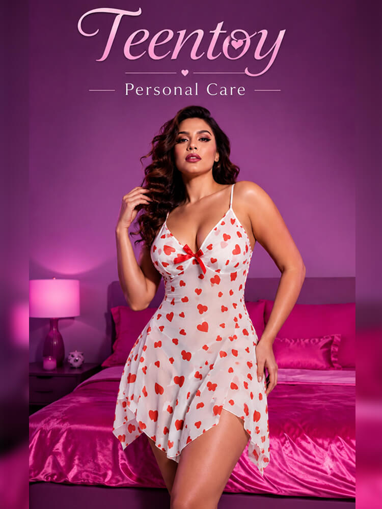 Sheer Heart Print Babydoll Nightwear Dress Sheer Heart Print Babydoll Nightwear Dress